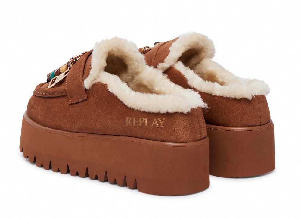 Replay Γυναικεία Παντόφλα Με Γούνα Melrose Tassels GWF2H.000.C020T C0BJ Camel