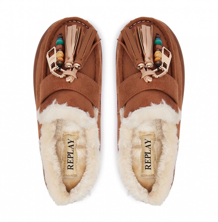 Replay Γυναικεία Παντόφλα Με Γούνα Melrose Tassels GWF2H.000.C020T C0BJ Camel