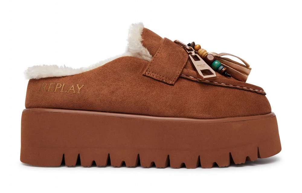 Replay Γυναικεία Παντόφλα Με Γούνα Melrose Tassels GWF2H.000.C020T C0BJ Camel