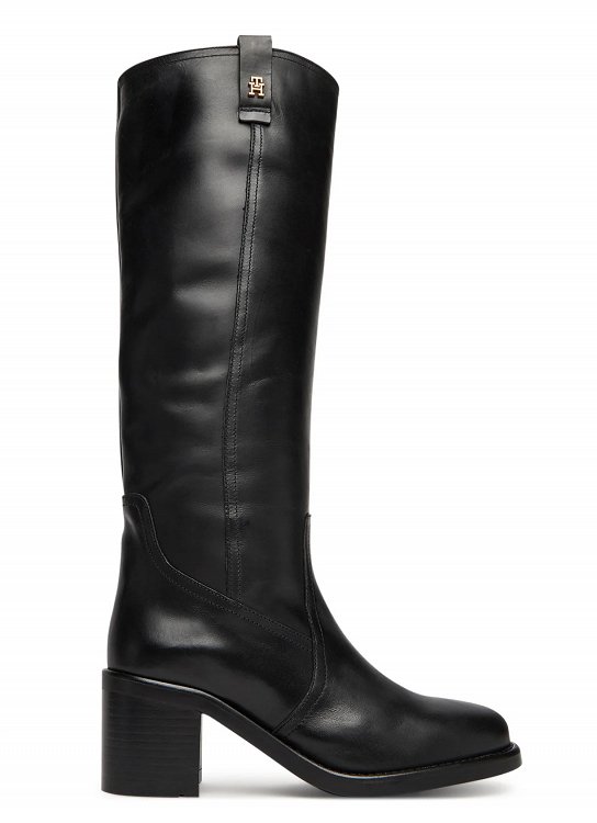Tommy Hilfiger Γυναικεία Δερμάτινη Μπότα Riding Lthr Long Boot Block Heel FW0FW08777 BDS Μαύρο