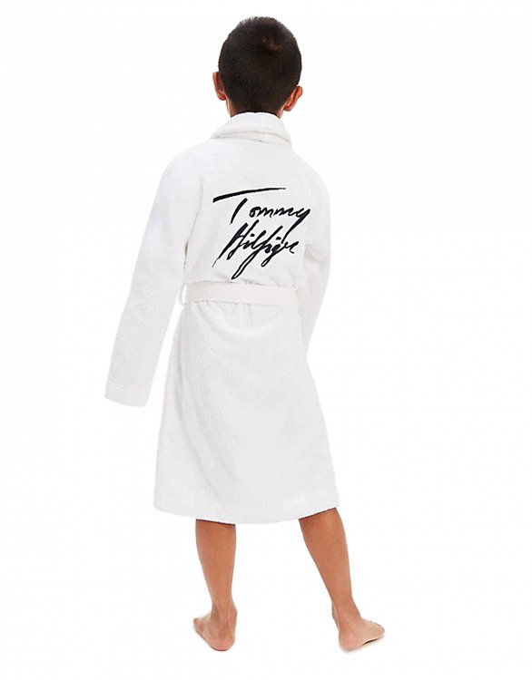 Tommy Hilfiger Kids Signature Logo Pure Organic Cotton Robe UB0UB00295 YCD White