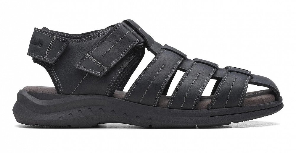 Clarks Ανδρικό Δερμάτινο Σανδάλι Walkford Fish 26171793 Black Tumbled