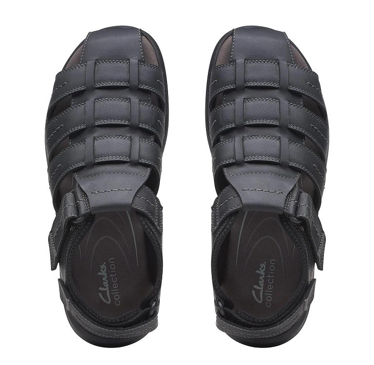 Clarks Ανδρικό Δερμάτινο Σανδάλι Walkford Fish 26171793 Black Tumbled