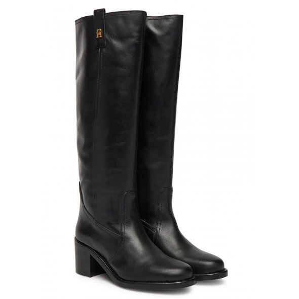 Tommy Hilfiger Γυναικεία Δερμάτινη Μπότα Riding Lthr Long Boot Block Heel FW0FW08777 BDS Μαύρο