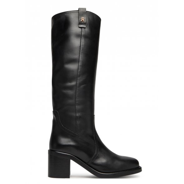 Tommy Hilfiger Γυναικεία Δερμάτινη Μπότα Riding Lthr Long Boot Block Heel FW0FW08777 BDS Μαύρο