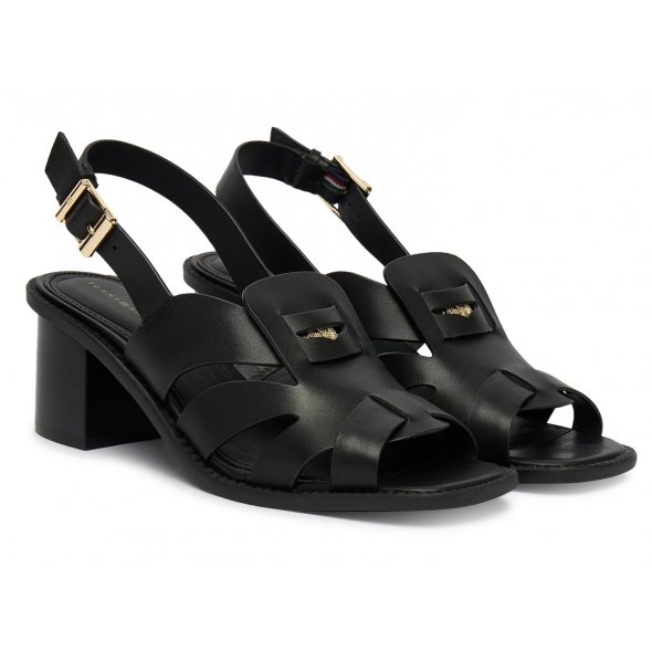 Tommy Hilfiger Δερμάτινο Πέδιλο Cross Blocked Heel Sandal FW0FW09135 BDS Μαύρο
